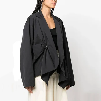 2023 Летняя новая женская куртка Y2k, черная, с плиссированной талией, Простая модная Повседневная куртка из тонкого хлопка, топы