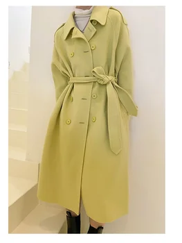 Двубортное двустороннее кашемировое пальто цвета авокадо, свободное шерстяное пальто в стиле ветровки средней длины, осень-зима