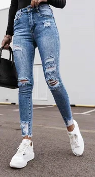2023 Новые модные рваные узкие джинсовые брюки в уличном стиле, женские джинсы, женская одежда